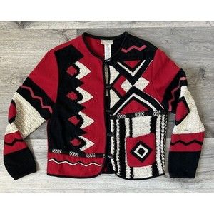 Vintage Coldwater Creek Wool Blend Sweater Cardigan Aztec Western Patchwork Sz M